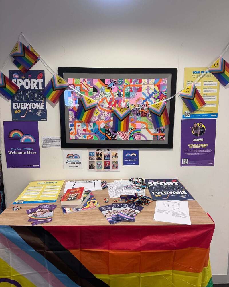 Pride flags and support material on desk for pride month welcome