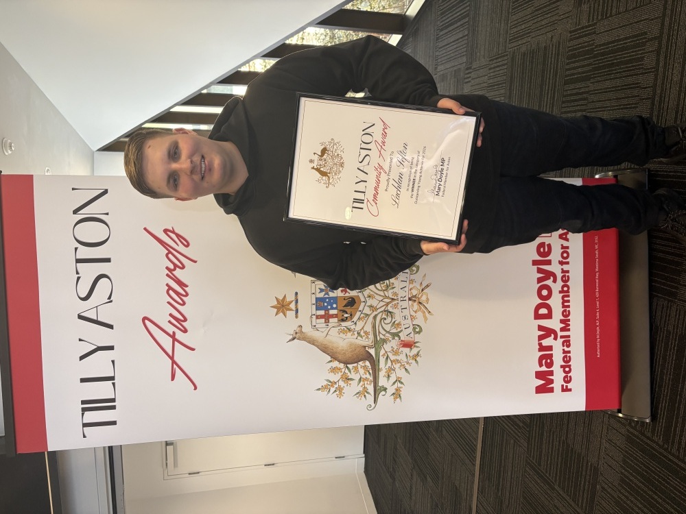 Lachlan Sefton with his Outstanding Young Achiever Award at the Tilly Aston Award 2026