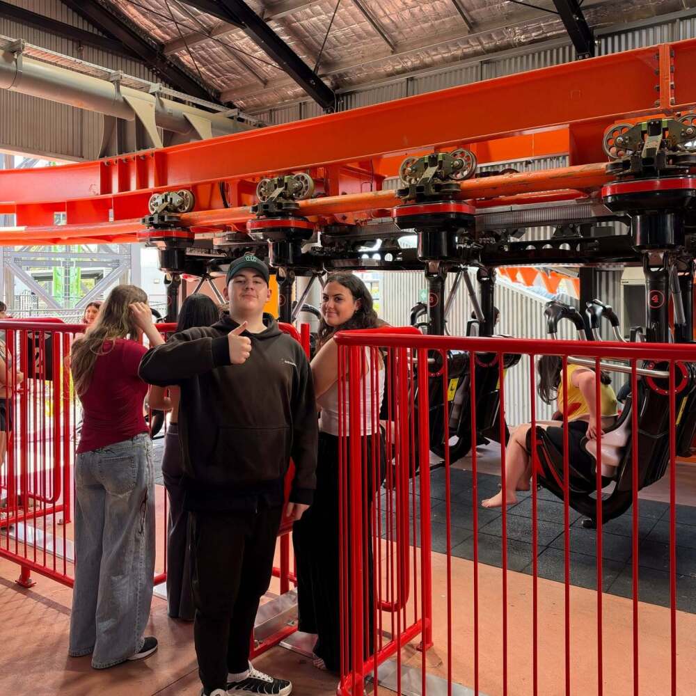 Students preparing to ride the roller coaster at Gumbuya World