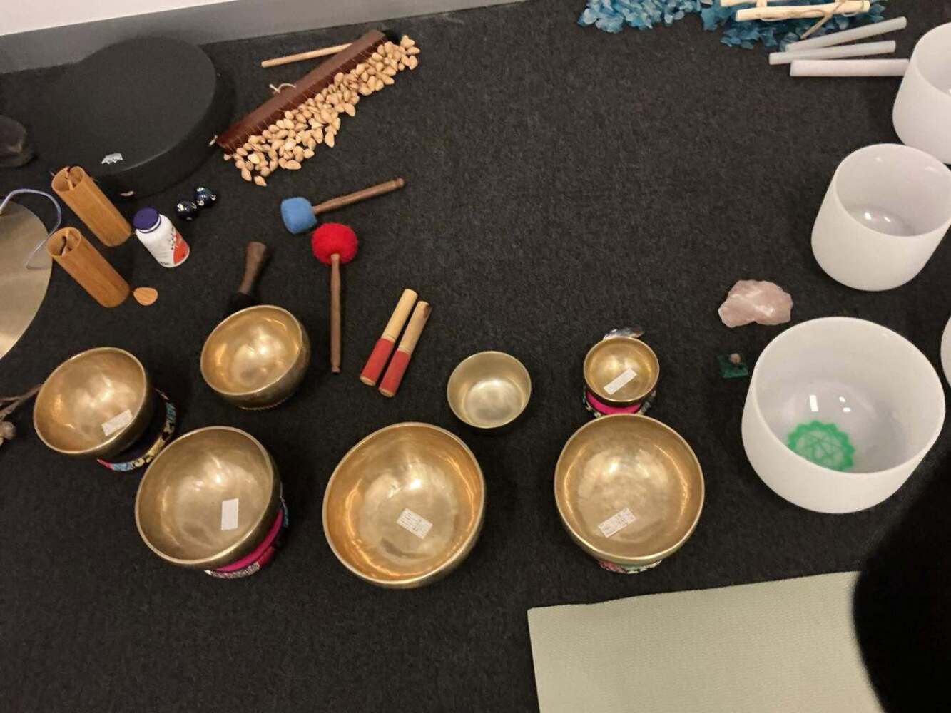 collection of Tibetan singing bowls, often used for sound healing and meditation